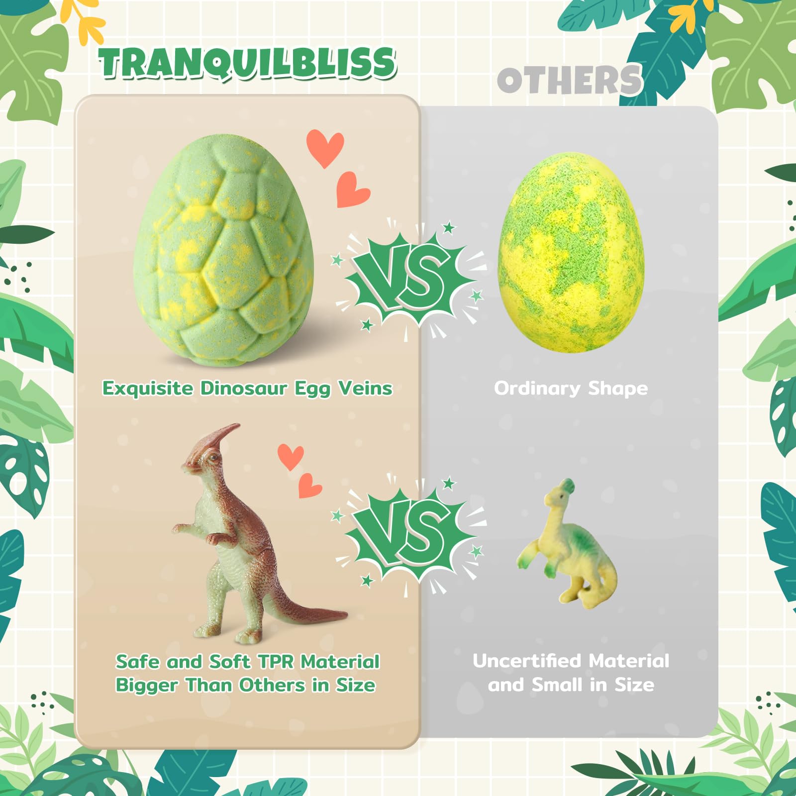 TranquilBliss Dino Egg Bath Bombs for Kids with Surprise Inside, 6 Packs Dinosaur Bath Toys Set for Boys,Girls, Bubble Fizzies, Educational Birthday & Christmas Gift Ideas