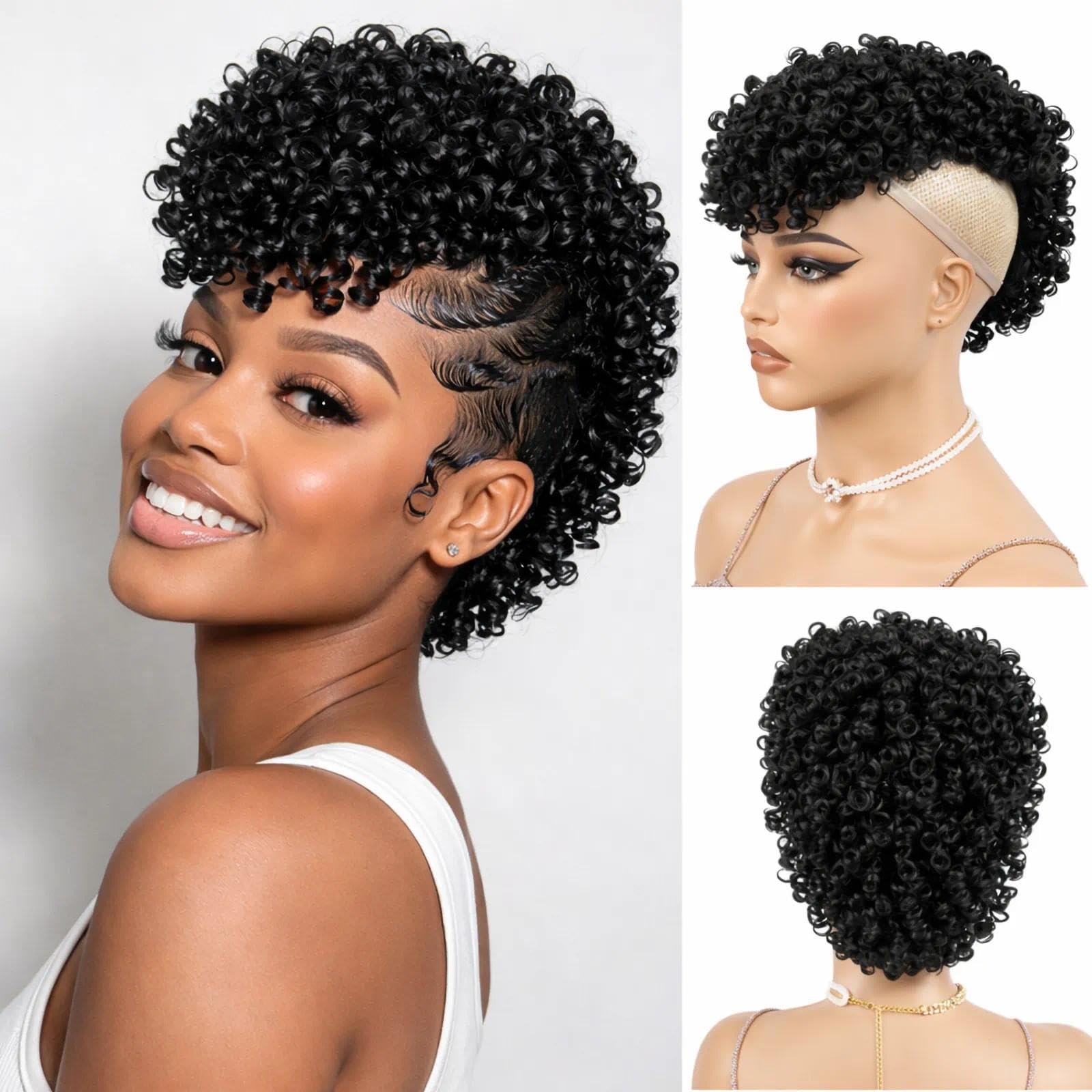 Afro Puff Mohawk Ponytail for Black Women Short Afro Kinky Curly Hair Bun Hair Extensions with 6 BB Clips Jerry Curly Ponytail Clip in Synthetic Hairpiece(Black)