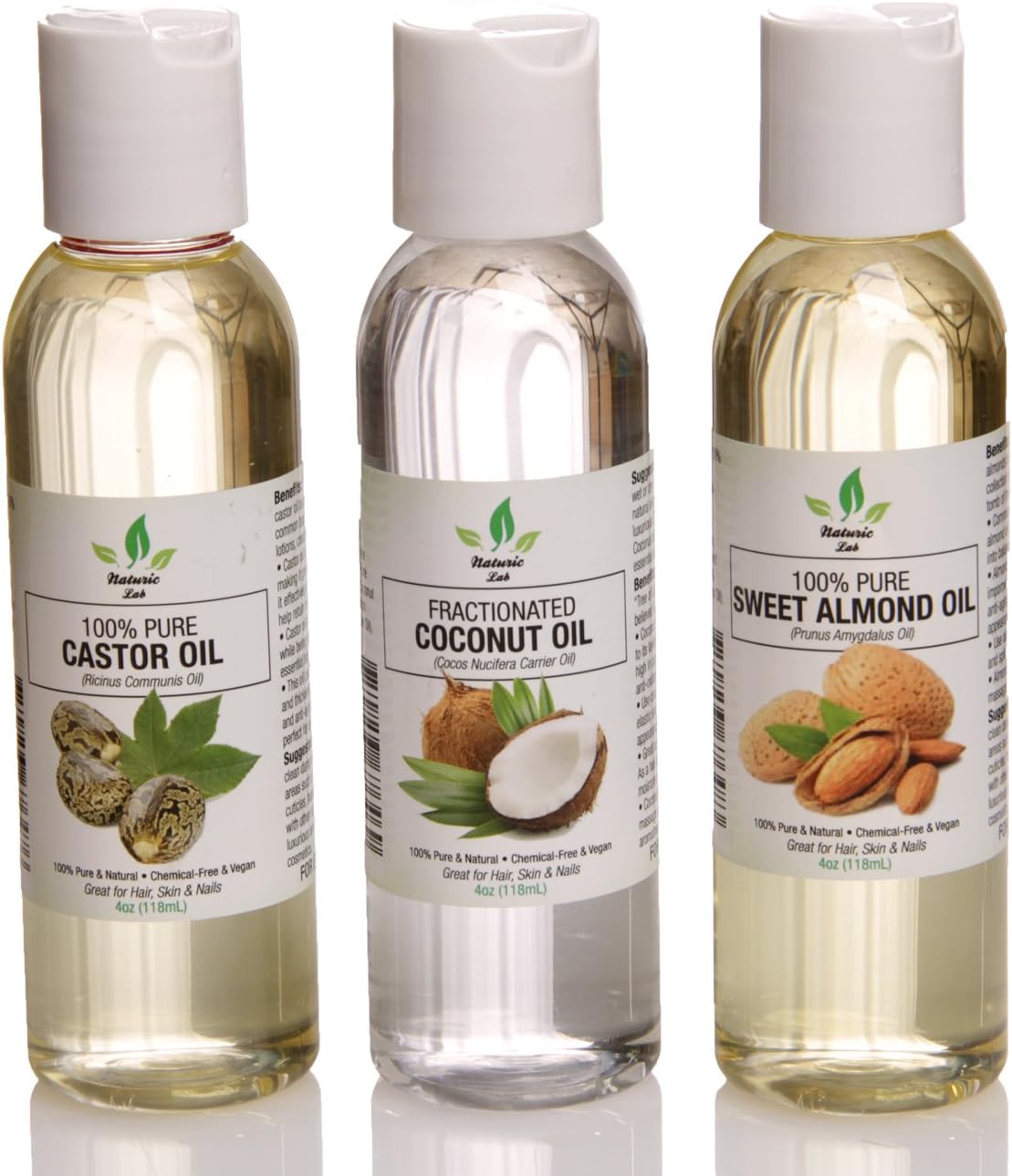 All Natural Fractionated Coconut Oil, Castor Oil, Sweet Almond Oil Variety Pack Of 3, For Skin & Hair, 4fl oz By Naturic Lab