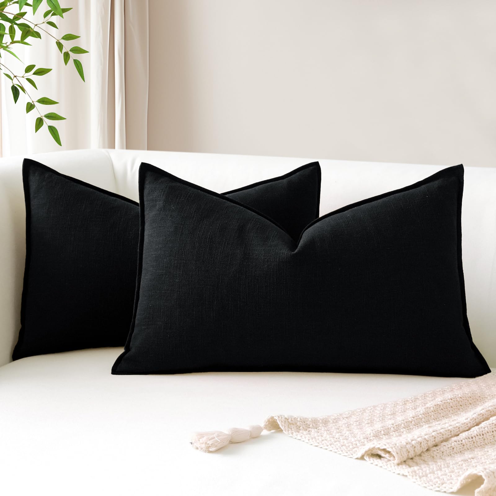 Sungeek Set of 2 Soft Linen Decorative Cushion Covers 30cm x 50cm Solid Farmhouse Throw Pillow Covers Boho Accent Cushion Cases for Sofa Couch Chair Bedroom Home Decor Pillowcases, Black