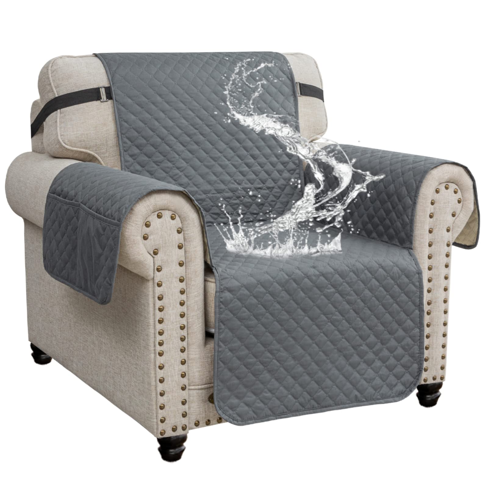 XINEAG Quilted Sofa Covers 1 Seater, Water Resistant Chair Covers for Dogs Pets, Non Slip Sofa Slipcovers with Pockets, Washable Furniture Protector with Elastic Strap (Chair, Dark Grey)