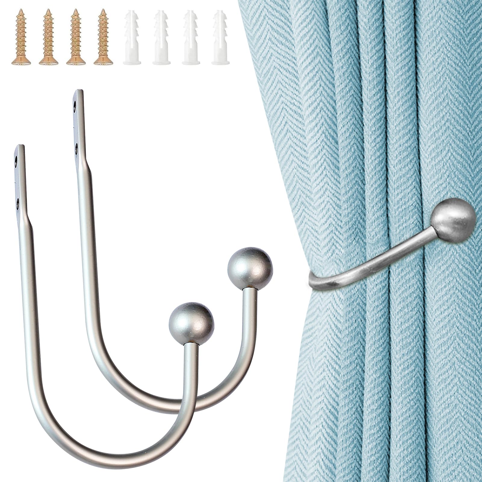 2 Pcs Metal Curtain Holdbacks, U-Shaped Hook Wall Mounted Window Curtain Holder with Screws - Drapery Holdbacks for Fixed or Hanging Items (2, Silver)