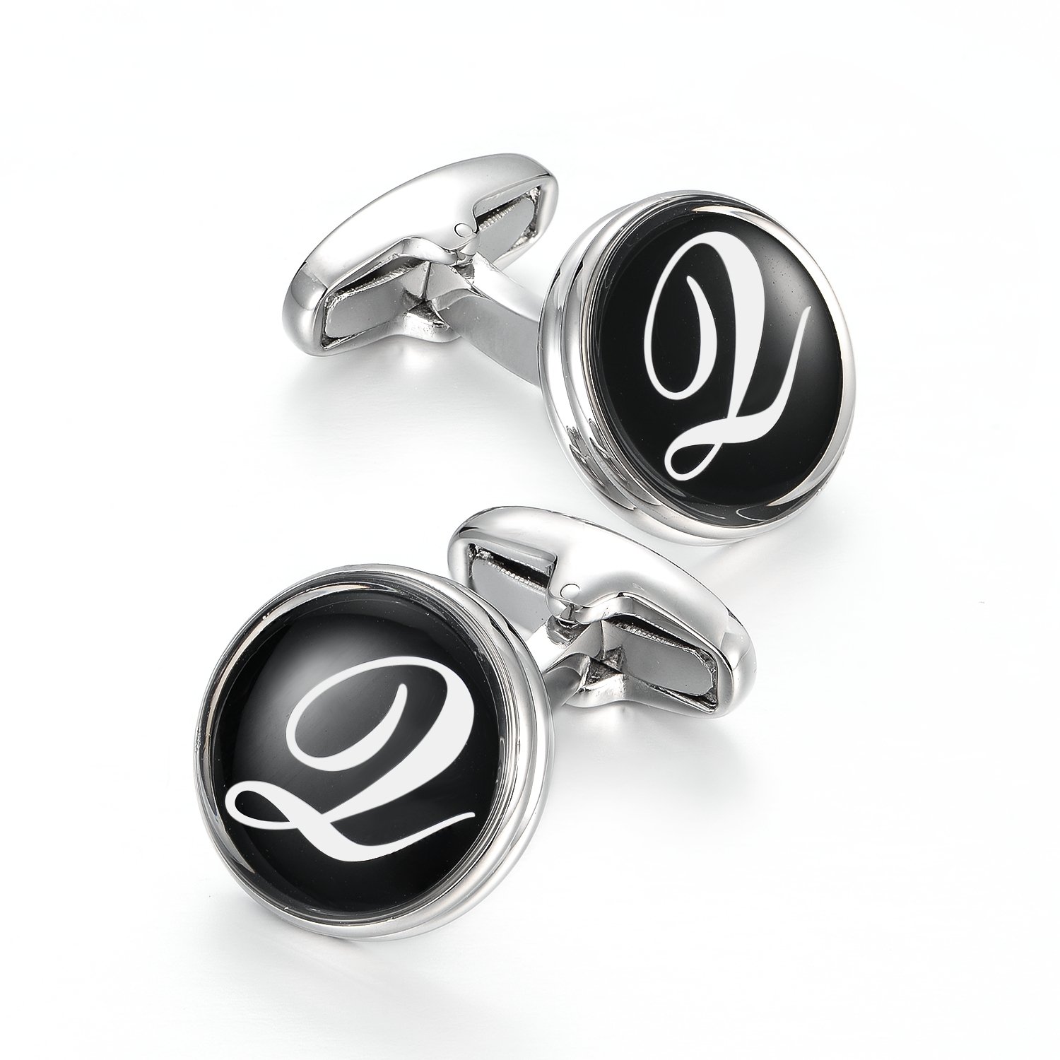 Merit Ocean Black Silver Cufflinks for Men Round Letter Initial Alphabet Rhodium Plated Cuff Links Mens Wedding Business (Q)