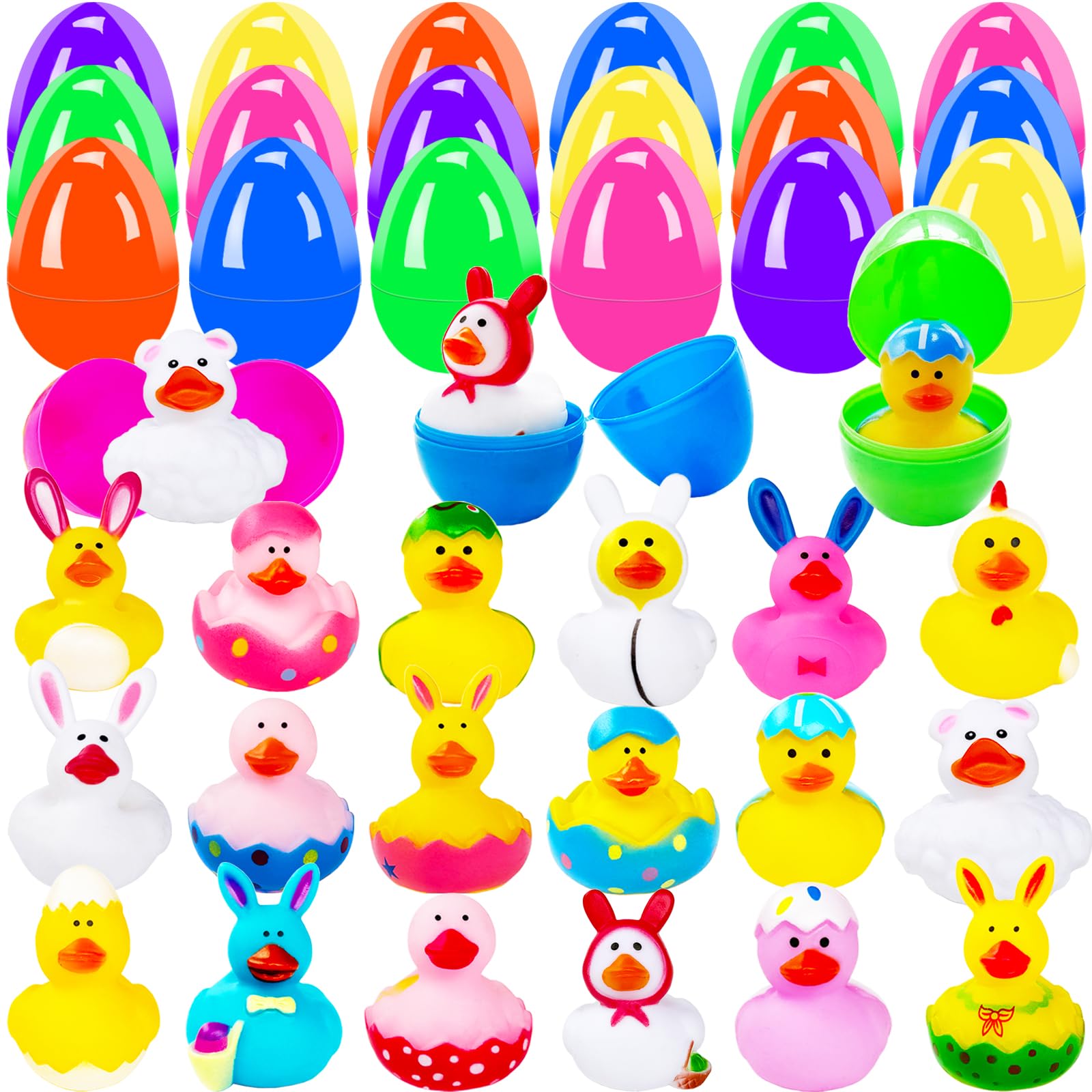 18 Pcs Prefilled Easter Eggs with Bunny Duckies,Bright Colorful Easter Eggs Filled with Rubber Duck,Squeeze Duckies Bunny Bathtub Toys for Easter Basket Stuffers,Bath Toys,Party Favors