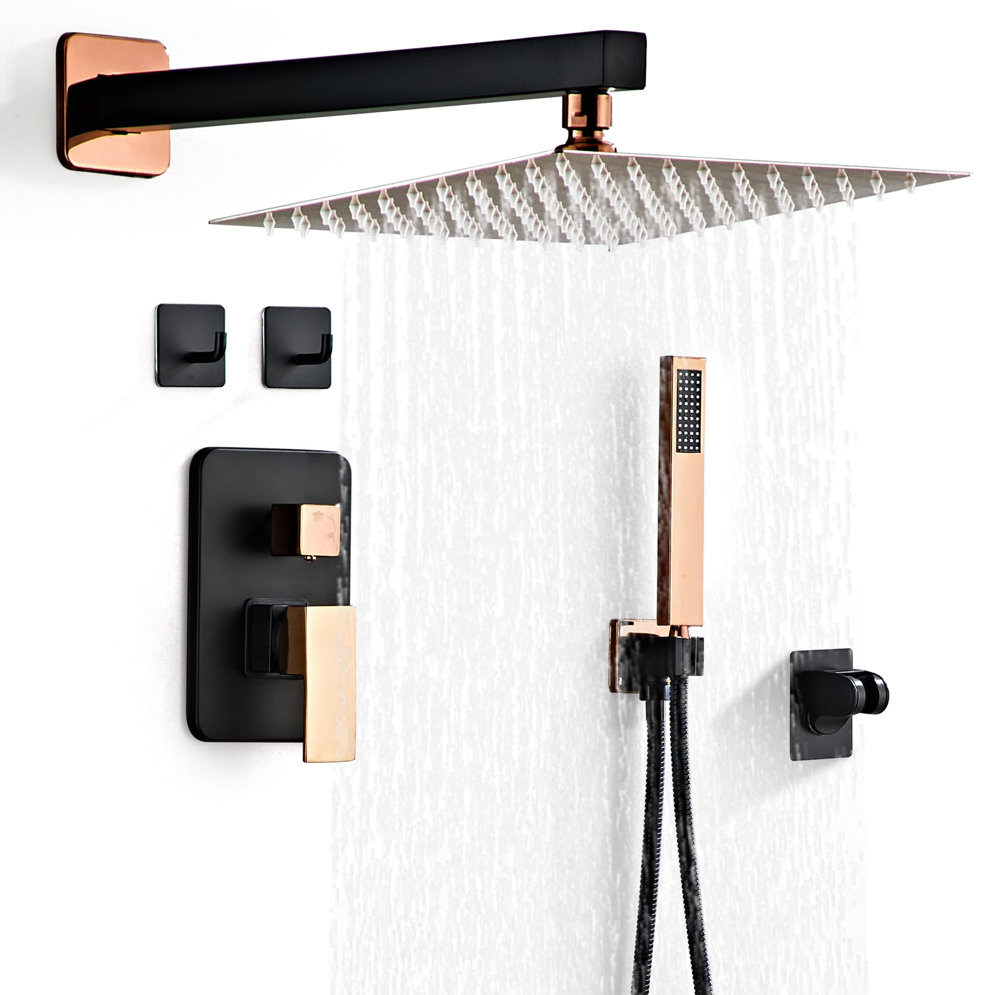Photo 1 of LCEVCGK Shower Faucet Set, Matte Black and Rose Gold Rainfall Shower System Complete Wall Mounted for Bathroom with 12 Inch Square Shower Head and Handheld Shower Head Rain Mixer Combo Set