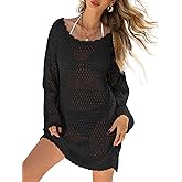 ZNRZNR Bathing Suit Cover Up for Women, Crochet Long Sleeve Swimsuit Mesh Knit Beach Dress Cruise Vacation Outfits 2025