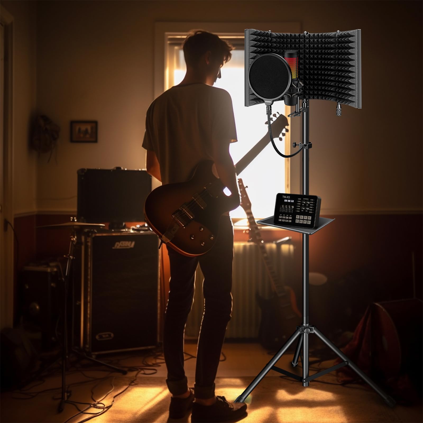 Professional Studio Recording Microphone Isolation Shield, Pop Filter,High density absorbent foam is used to filter vocal. Suitable for Blue Yeti and other condenser microphones (AO-504 With Stand)