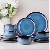 LeRatio Ceramic Dinnerware Sets for 4,12Pcs Porcelain Plates and Bowls Set | Handmade Reactive Glaze Ceramic Dish Set, Oven &amp; Microwave, Dishwasher Safe, Light Weight &amp; Scratch Resistant-Blue
