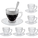 GURUDAR Glass Teacups and Saucers Set of 6, Vintage Coffee Mugs with Stainless Steel Spoon, Dishwasher & Microwave Safe Teacups for Espresso Cappuccino Latte Tea Juice, 7OZ/210ML, Clear