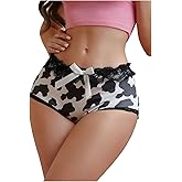 SHENHE Women's Cow Print Boyshort Panty Lace Bow Low Rise Comfortable Coquette Underwear