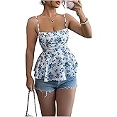 SOLY HUX Women's Floral Print Peplum Cami Tops Spaghetti Strap Ruched Ruffle Hem Boho Summer Camisole Top
