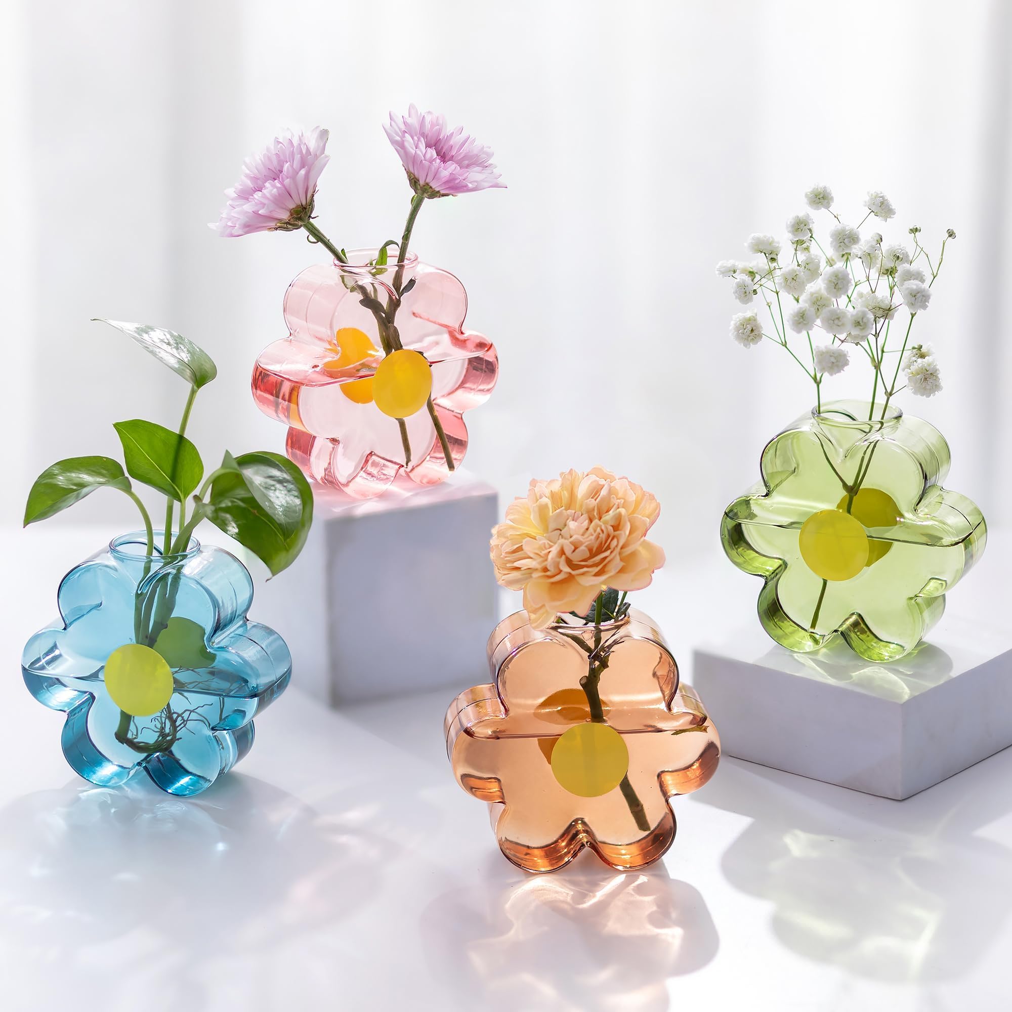 Photo 1 of Hewory Unique Small Vases for Flowers: Colorful Vase Set Girly Home Shelf Decor - Cute Glass Bud Vases for Centerpieces Modern Living Room Office Bedroom (Pink & Blue & Green & Amber)