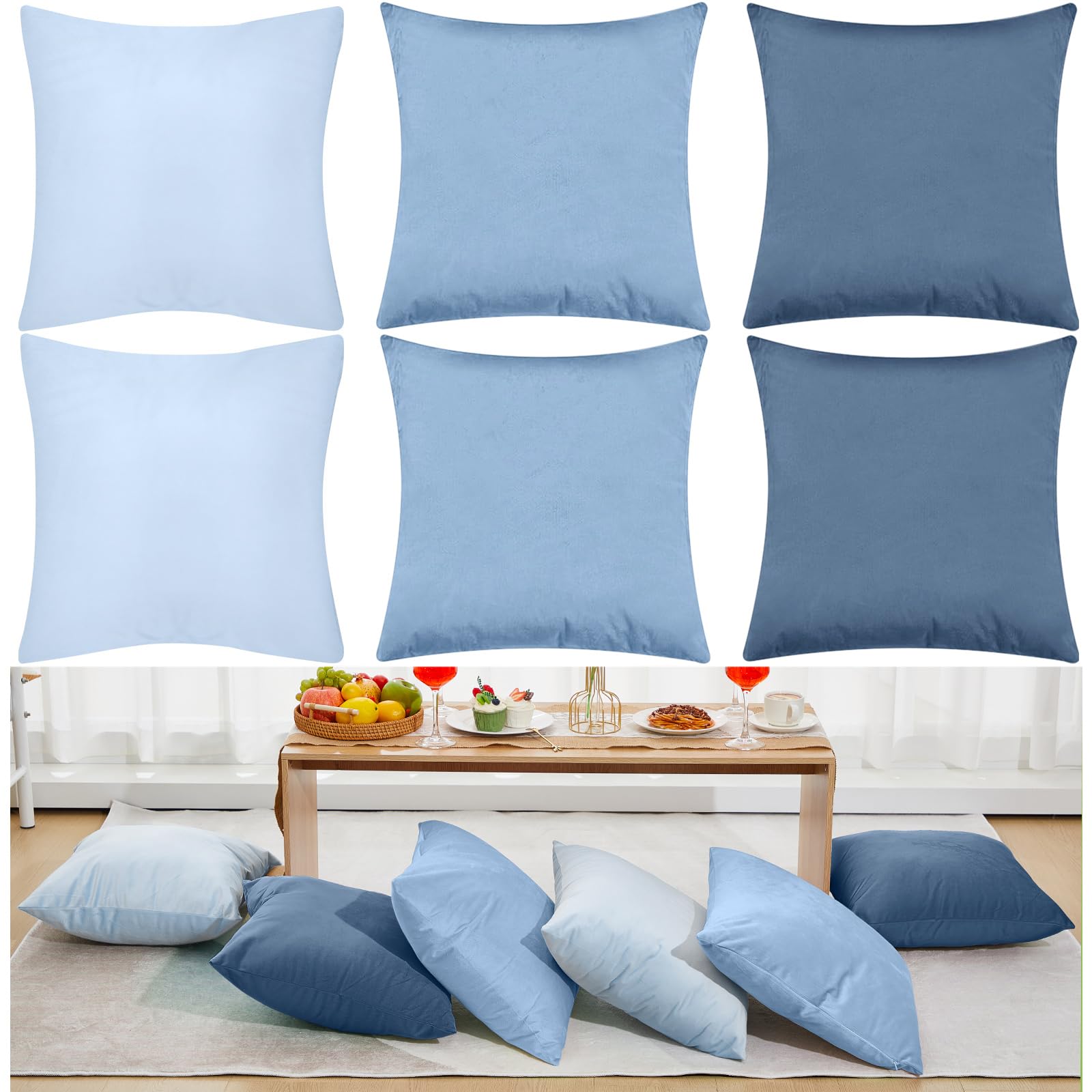Photo 1 of Berlune 6 Pcs Velvet Throw Pillow Covers 18" x 18" Decorative Cushion Cases Soft Pillowcase for Picnic Coquette Party Accessories Bedroom Living Room Decor, No Inserts (Blue Series)