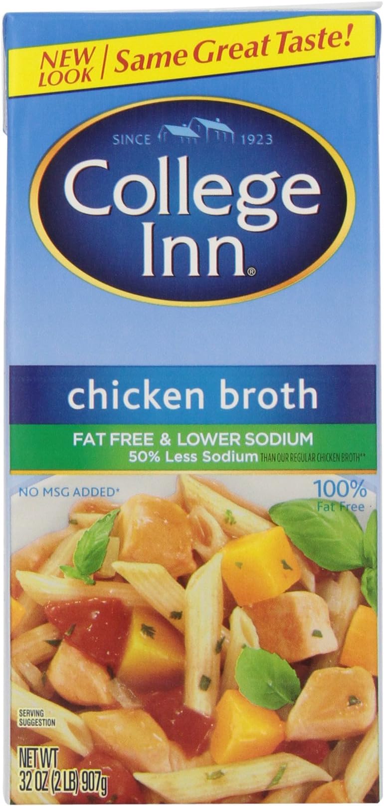 College InnChicken Broth Light and Fat Free 50% Less Sodium Easy Open Resealable, 32-Ounce (Pack of 12)