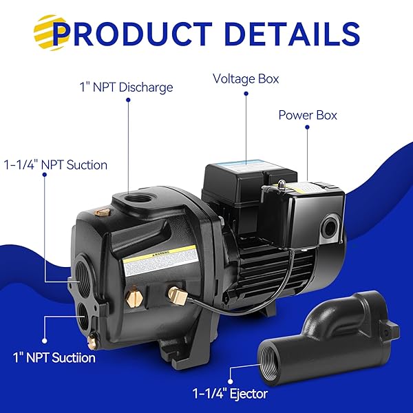 ACQUAER SHALLOW/DEEP WELL JET PUMP, CAST IRON CONVERTIBLE PUMP WITH EJECTOR KIT, WELL DEPTH UP TO 25FT OR 90FT, 115V/230V DUAL VOLTAGE, AUTOMATIC PRESSURE SWITCH,1HP