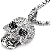 COOLSTEELANDBEYOND Steel Large Sugar Skull Pendant Necklace for Men Women with Cubic Zirconia and Wheat Chain