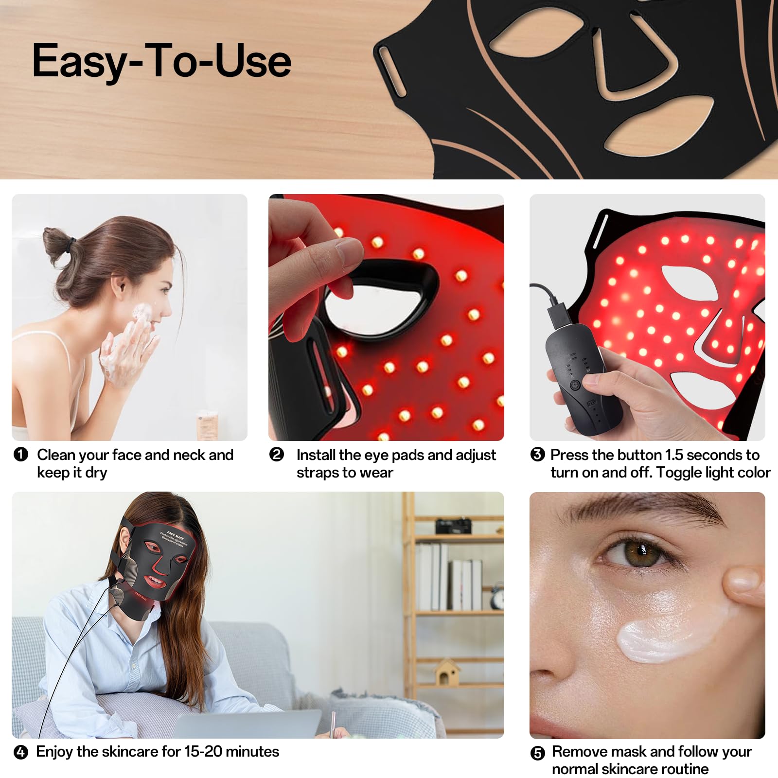Facego Red Light Mask for Face and Neck - Facial Skin Care Device, Portable, Lightweight, Rechargeable and Ergonomic Design for Home (Black)
