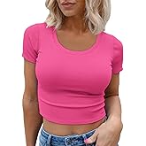 Ovanviso Women's Scoop Neck Short Sleeve Crop Tops Y2K Ribbed Slim Fit T-Shirts