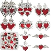SUNNYCLUE 1 Box 16Pcs 8 Styles Heart Wing Charms Silver Red Heart Enamel Charm Bulk Antique Alloy Gothic Vintage Mexican Milagro Valentines Pendants for Jewelry Making Earrings Necklaces DIY Crafts