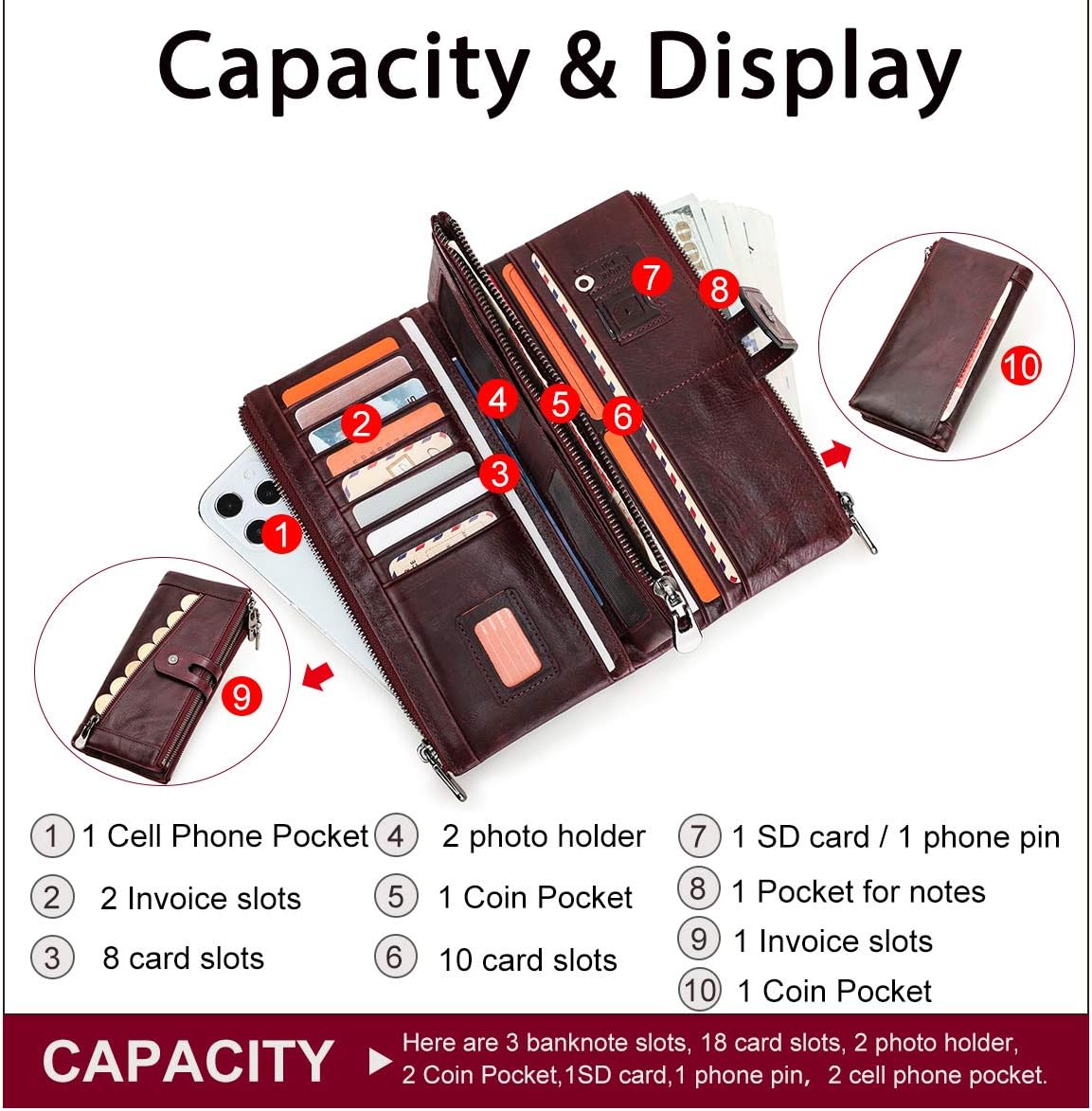 CONTACTS RFID Women Genuine Leather Zipper Button Long Wallet Lady Card Coin Holder Pocket Phone Clutch Purse (Wine Red) - Image 3