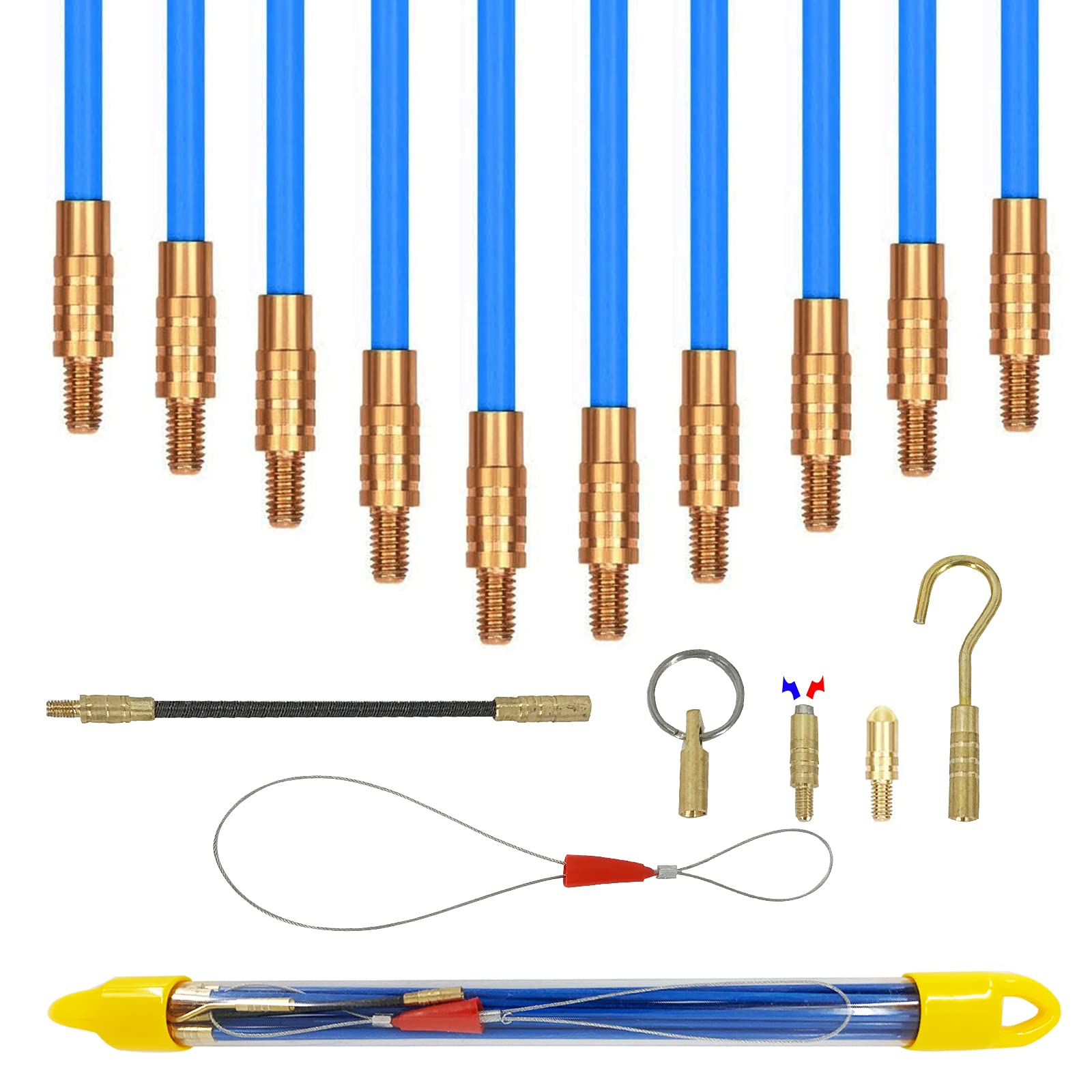 IRSCorp 11ft Multi-Function Fiberglass Duct Rodder Wire and Cable Pulling Kit Electrical Fish Tape Cable Puller Cable Rods with Hook and Hole in Tube Blue