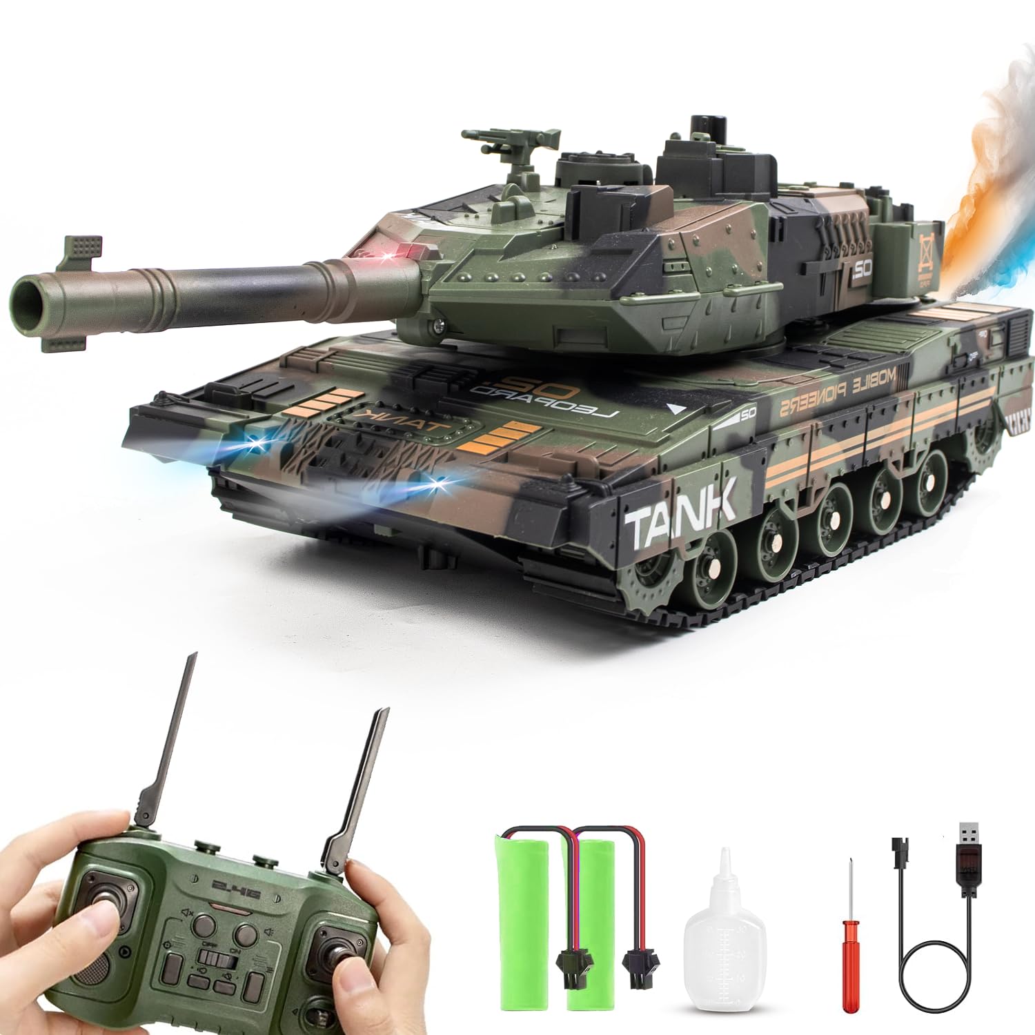 Hitish RC Tank that Shoots for Kids Adults, 2.4G Remote Control Army Tank Toys with Auto Demo Sound Light Smoke, 13 Channel Military Vehicles Model Gift for Boys, Army Green