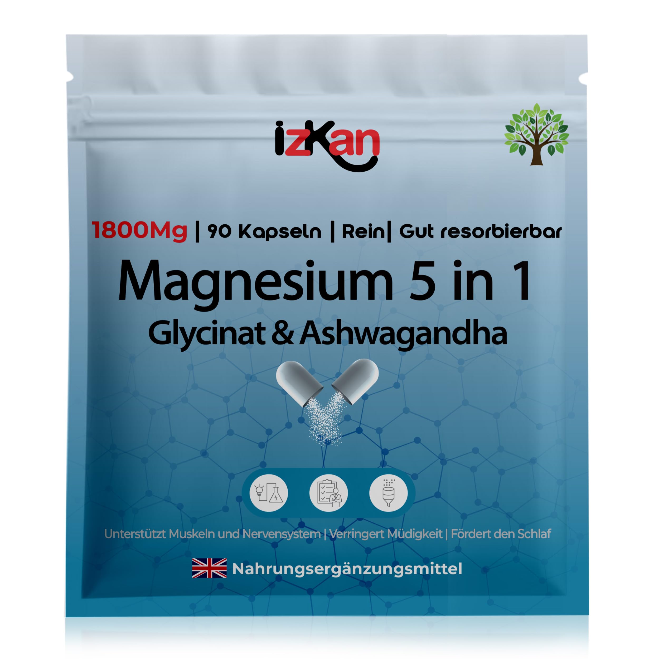 Magnesium Glycinat 5-in-1 Komplex – 1800 mg als Bisglycinat, Citrat & Malat | 384 mg Elementares Magnesium | Mit Ashwagandha & Vitamin B6 | Für Schlafqualität, Muskeln & Immunsystem | 90 Vegane Kapsel
