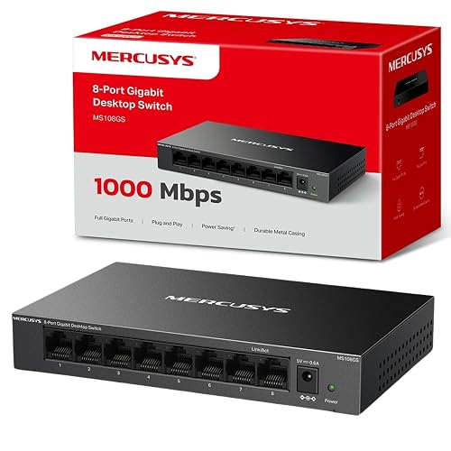 MERCUSYS MS108GS 8-Port Gigabit Network Switch, 8× 10/100/1000Mbps Ports, Multiple Installation Ethernet Splitter, Auto-Negotiation, Auto-MDI/MDIX, Power Saving, Metal case, No Configuration Required
