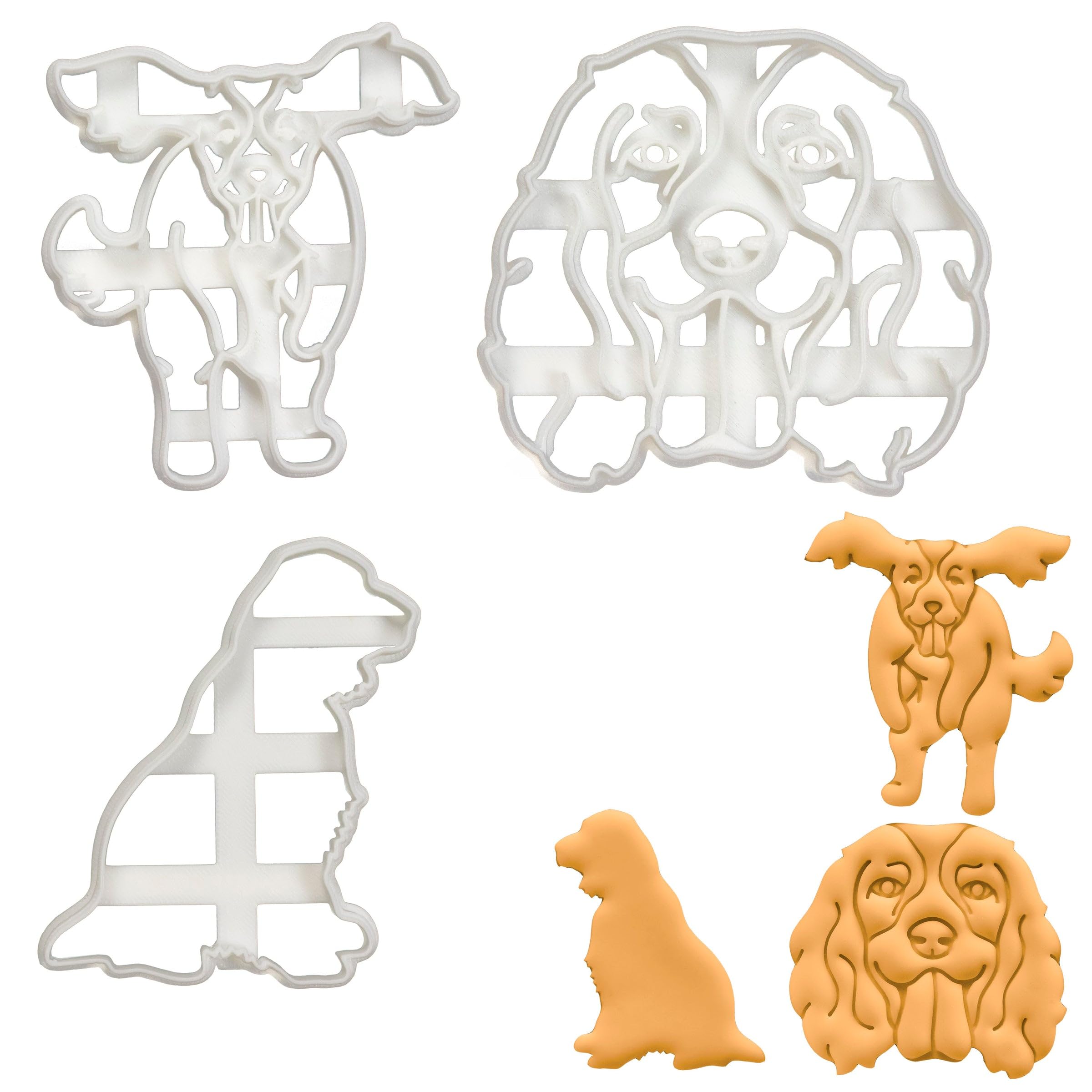 BAKERLOGY Set of 3 English Springer Spaniel Cookie Cutters (Designs: Face, Jumping, & Silhouette) - Detailed Biscuit Cutter Design for Baking and Crafts, Ideal on Fondant, Dough, Clay