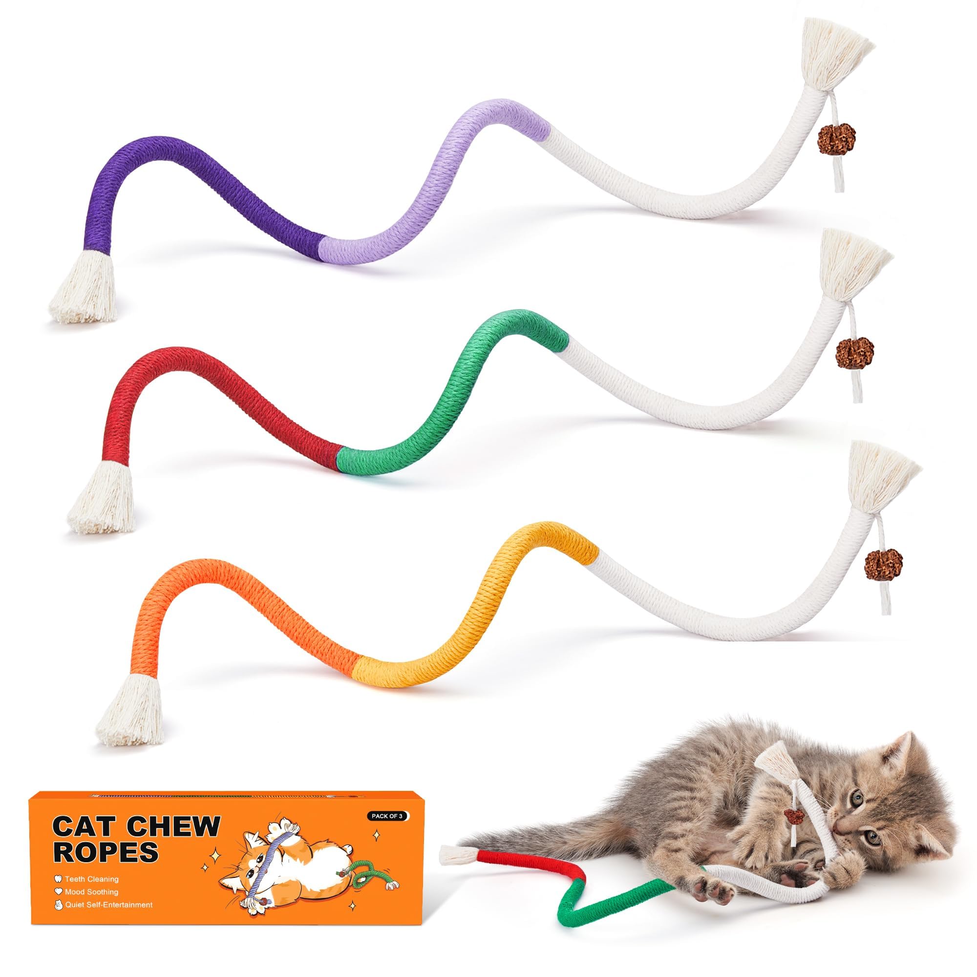 Photo 1 of Potaroma Cat Toys Chew Ropes 3Pcs with Refillable Natural Catnip, Safe Teeth Cleaning Toy for Indoor Kittens, Interactive Cat Nip Kitty Toys for All Breeds 19.5 Inches