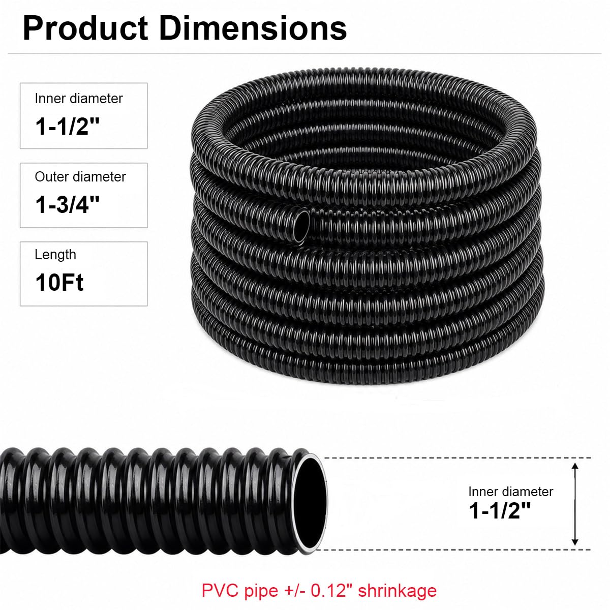Condition photo showing New/Like New for pond hose id 1-1/2”x 10ft flexible pvc corrugated pond tubing black kinkproof strong flex tubing for