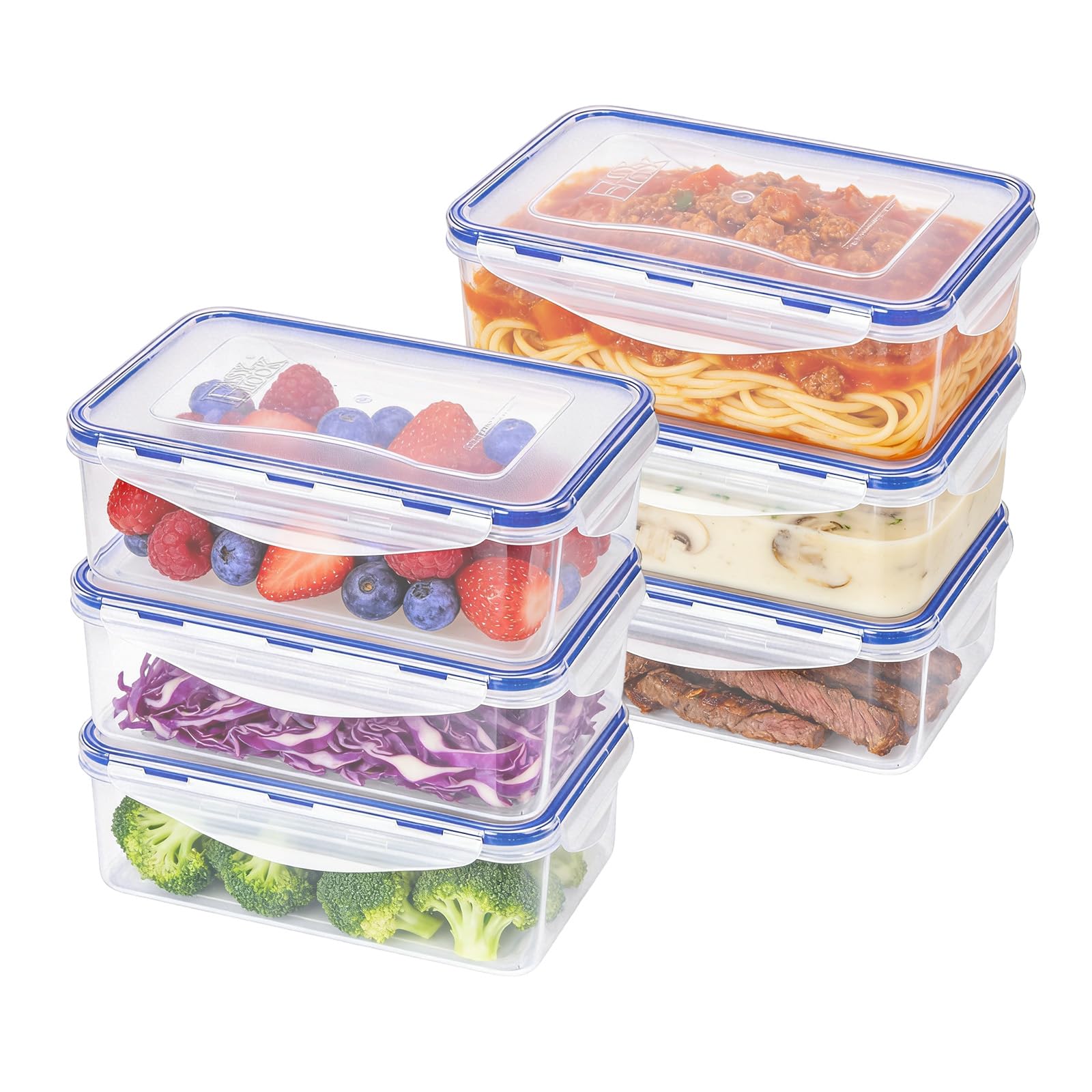 EASYLOCK 6 Pack Airtight Food Storage Container with Lids, Plastic Meal Prep Containers Reusable, 1.15L, Leak-proof Lunch Box Adult, Microwave Freezer Dishwasher Safe (Blue)