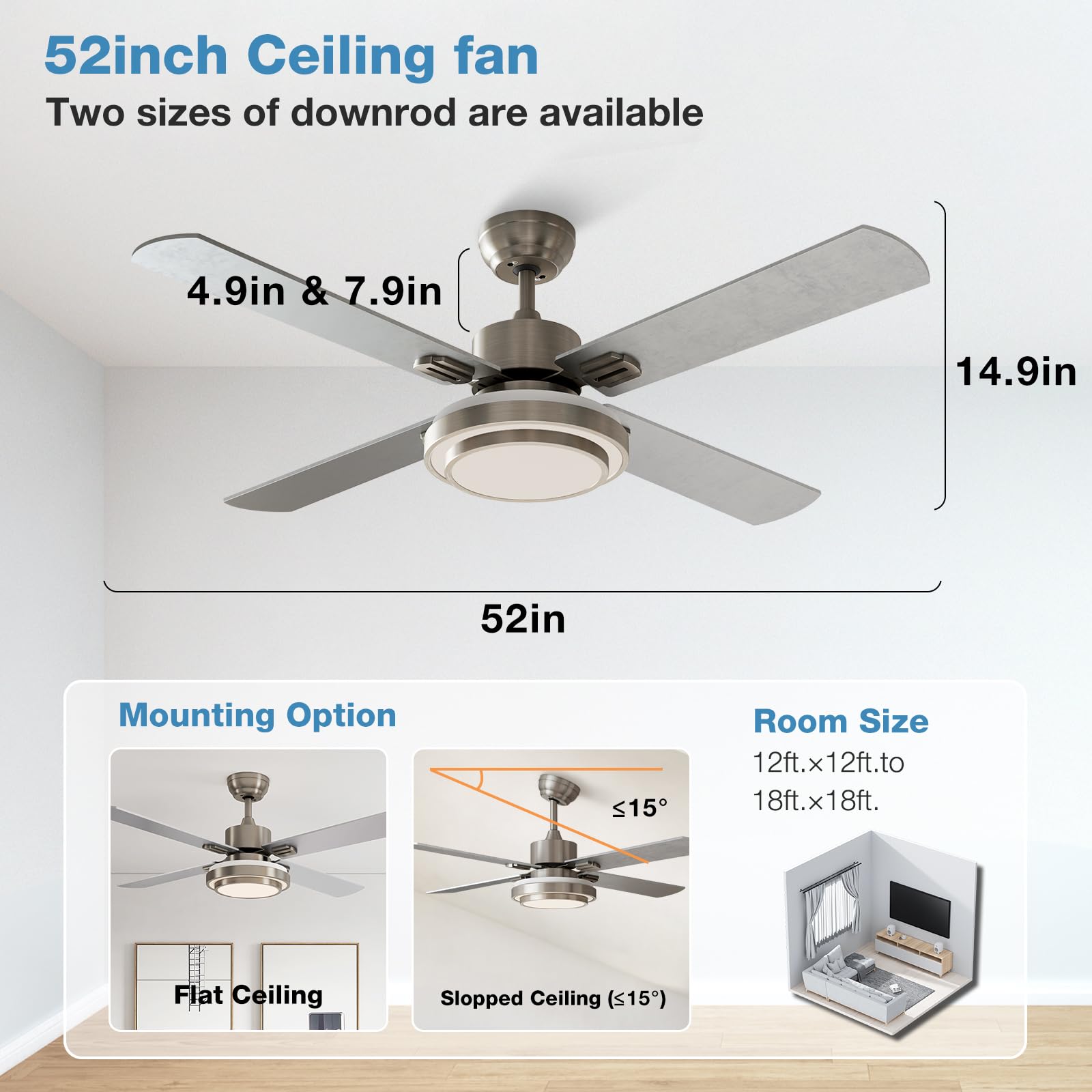 warmiplanet Ceiling Fan with Lights Remote Control, 52 Inch, Brushed Nickel Motor (4-Blades)