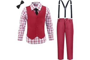 LOPEN STU Boys Suit Formal Tuxedo Toddler Dress Clothes Vest Pants Plaid Shirt Suspenders Suits Set for Teen Boys