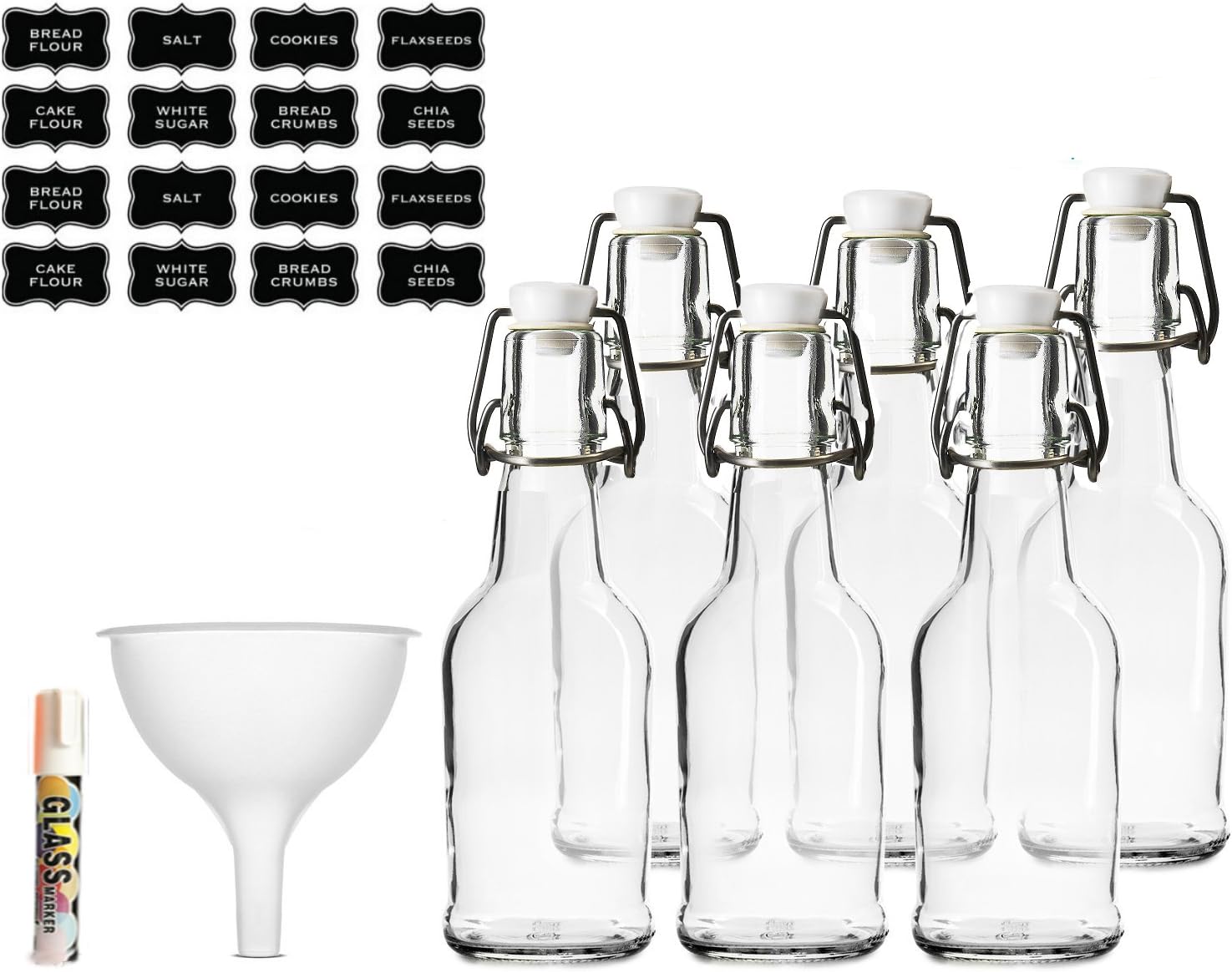 Easy Swing Top Glass Bottles 16oz - CLEAR - For Brewing Kombucha Kefir Beer (6 Set) Funnel, labels and Marker
