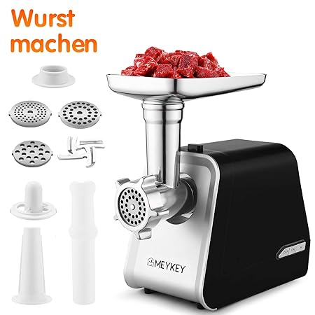 Elektrischer Fleischwolf, Fleischwolf mit 3 Mahlplatten und Wurstfüllrohren für den Hausgebrauch, mit Rückwärtsfunktion, Edel