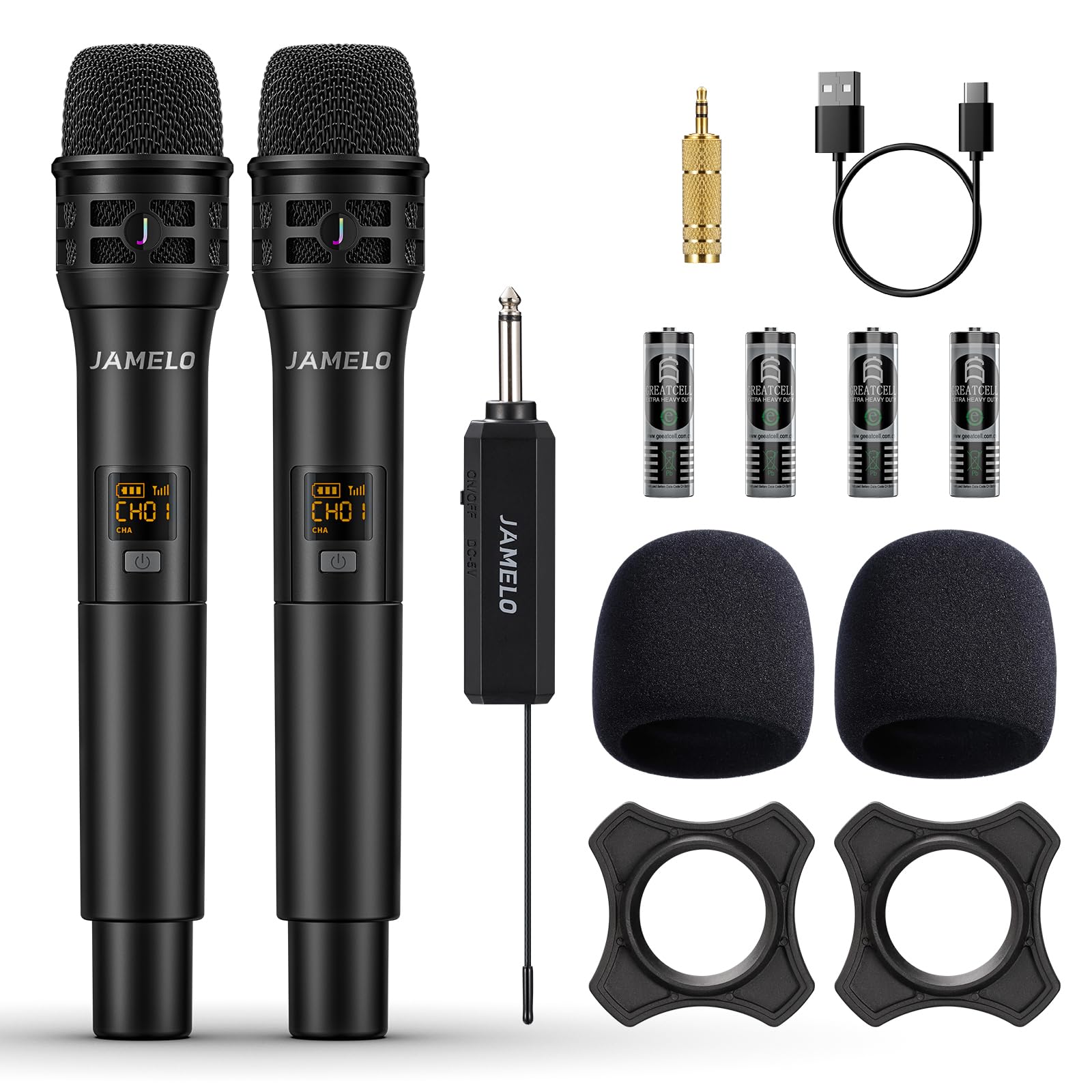 JAMELO Wireless Microphone, Dual Cordless Singing Microphones, Professional Handheld Microphone and Receiver, Karaoke Mic Set for DJ, Singing, Church, Class, Wedding, Speech, Meeting