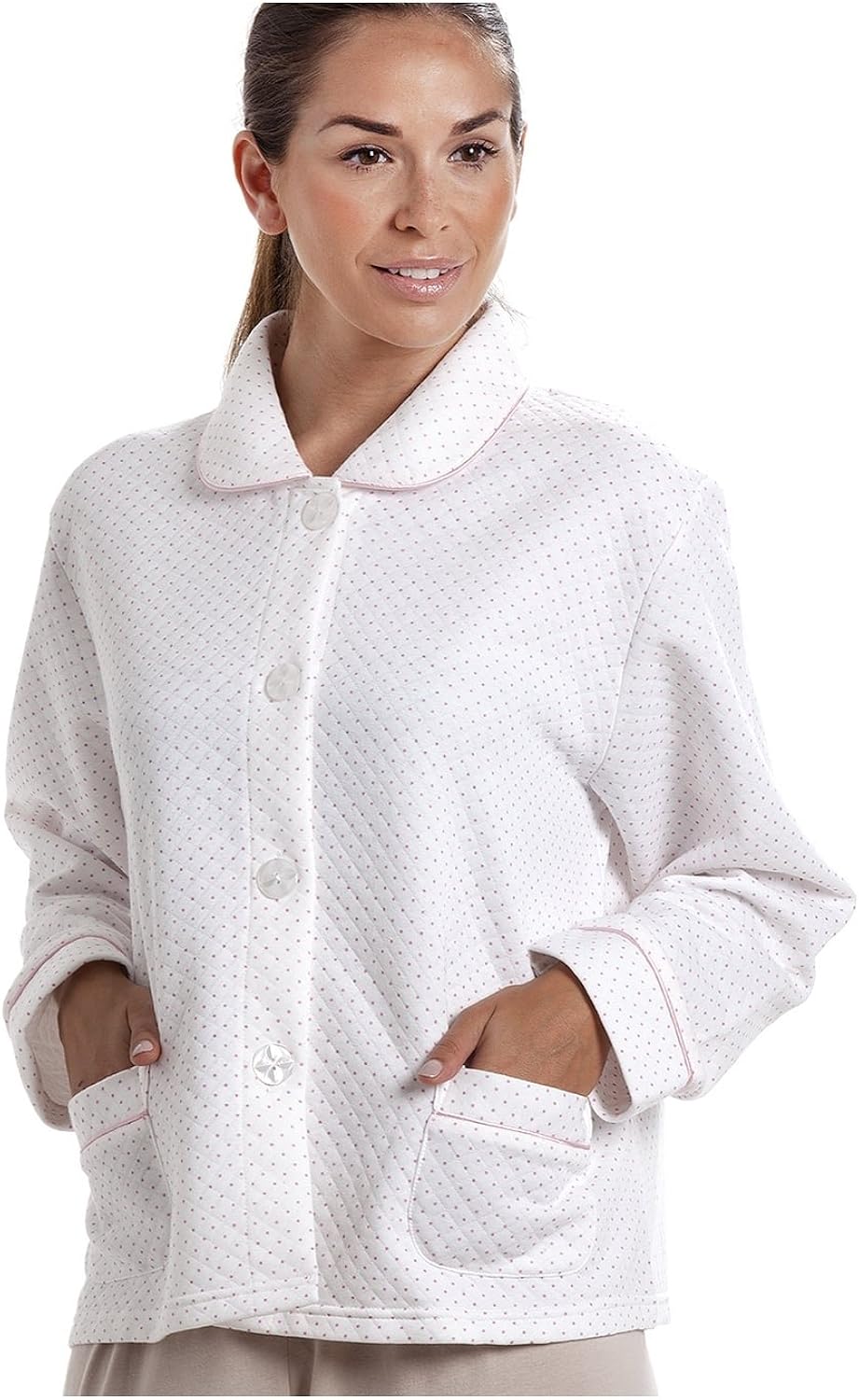 Camille Womens Ladies White Bed Jacket with a Pink Dot Print Amazon.co