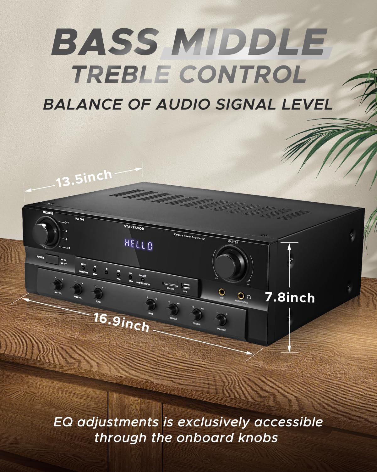 Starfavor Bluetooth Stereo Receiver w Phono Inputs, 2.1 Channel 500W Peak Power Home Audio receivers amplifiers for Speakers w Subout,RCA in,USB,SD,FM,2 MIC in Echo and Headphone Jack KA-500