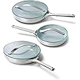 Caraway Ceramic Nonstick Fry Pan Set with Glass Lids – Includes Two 10.5” Fry Pans, One 8” Fry Pan, & Three Lids - Non Toxic, PTFE & PFOA Free - Oven Safe & Compatible with All Stovetops - Gray