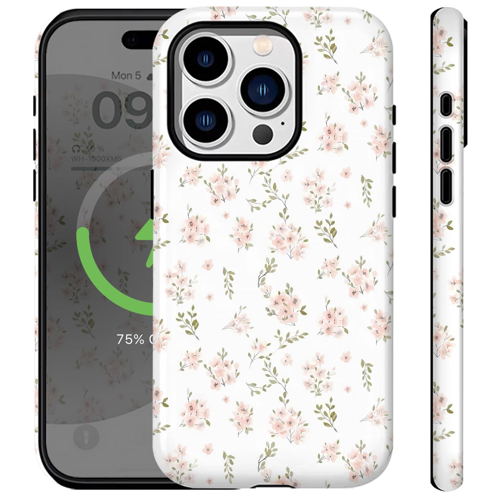 Ceckooty Compatible for iPhone 13 Pro Max Case for Women Girls Cute Aethetic Flowers Design [Compatible with Magsafe] White Pink Florals Rugge Shockproof Anti-Scratch Phone Case