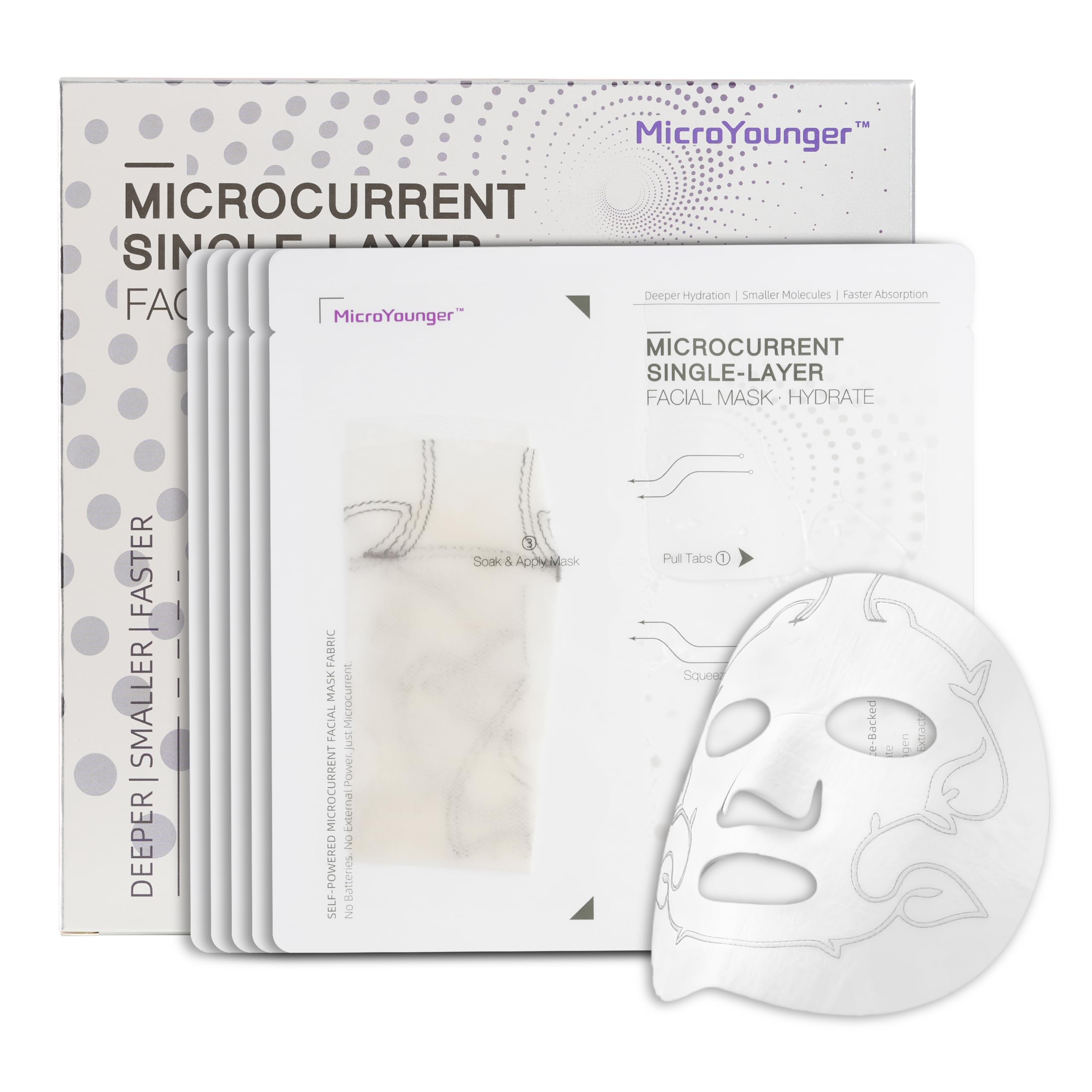 Microcurrent Single-Layer Facial Mask - Hydrating & Anti-Aging, Collagen Boost & Deep Absorption, Self-Powered Technology with Ectoin, Collagen, Niacinamide & Hyaluronic Acid - 5 Pack