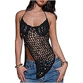 OYOANGLE Women's Sequin Crochet Knit Cami Halter Top Hollow Out Split Hem Backless Going Out Tops