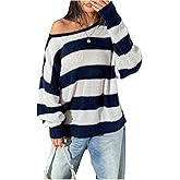 Floerns Women's Striped Boat Neck Loose Sweater Long Sleeve Drop Shoulder Pullover Top
