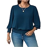 MakeMeChic Women's Plus Size Lantern Sleeve Blouse Crew Neck Shirred Going Out Shirt Tops