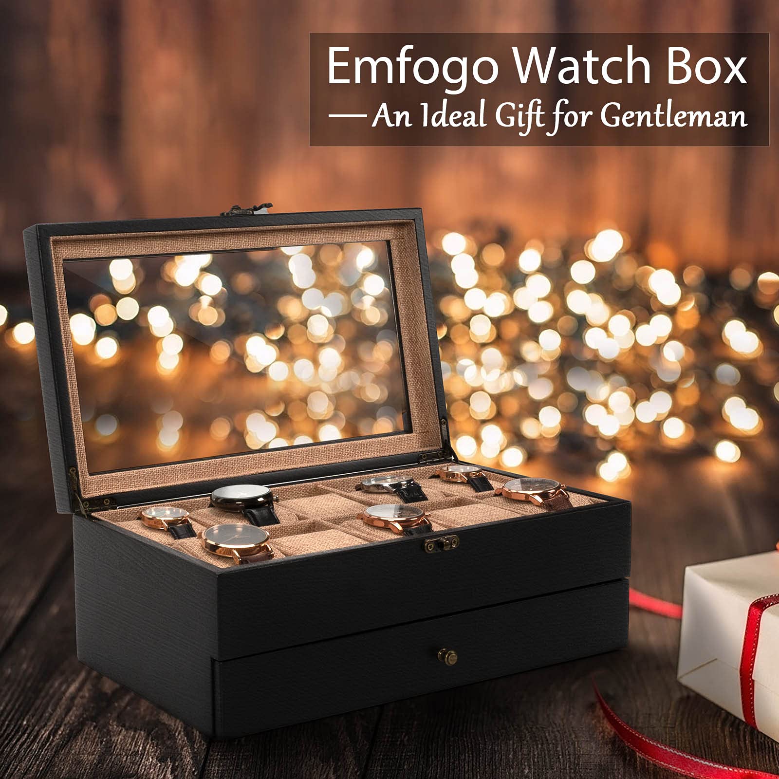 Emfogo Watch Box - 10 Slot Watch Case for Men Women, Wooden Watch Holder Organizer Display for Mens, Gift For Boyfriend Fathers Day Birthday Gifts (Black)