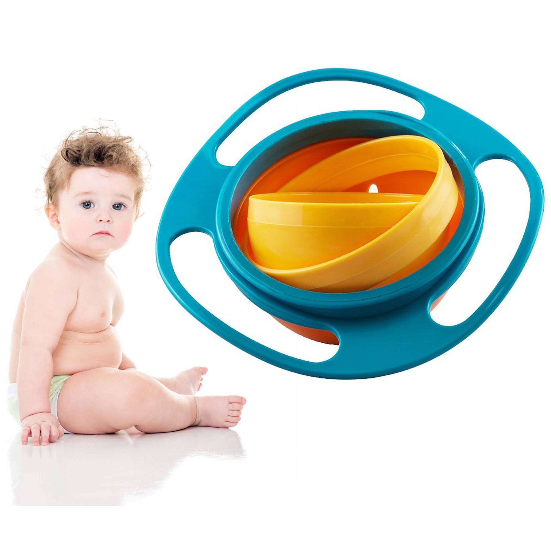 Gearmax® Baby Rotate Spill-proof Bowl Funny Kids 360 Dgree Rotation Gyroscope Trainning Tableware With Lid Blue and Orange