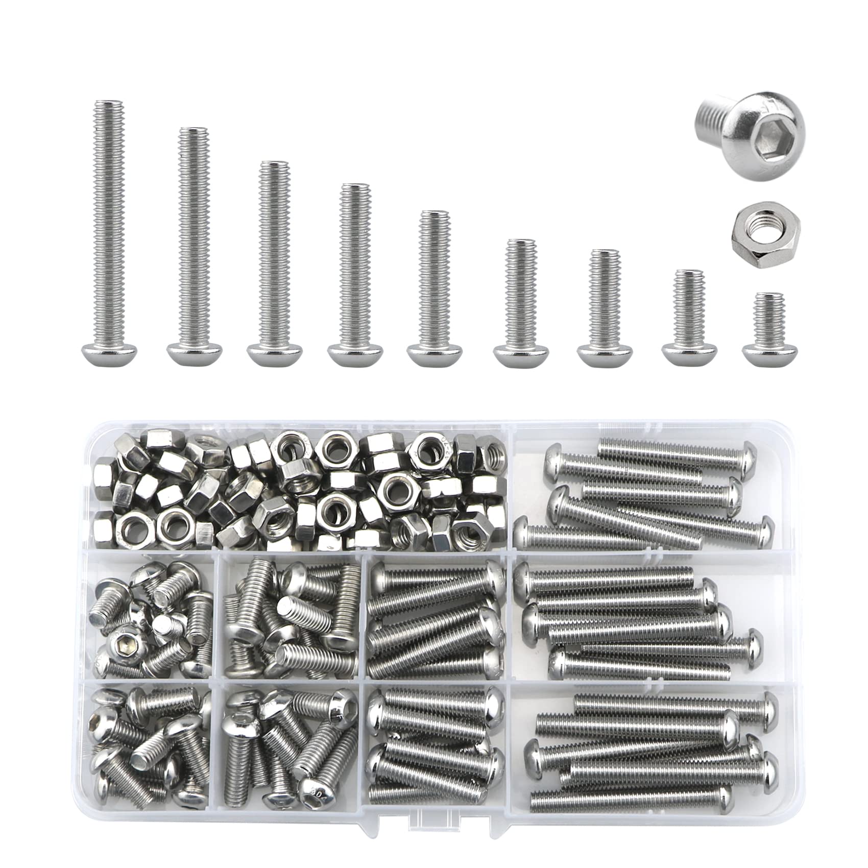 Bolts and Nuts Set, Hex Head M6 Stainless Steel Machine Screws and Round Head Hexagon Socket Bolts Assortment(10/14/18/20/25/30/35/40/45mm) (M6, Silver)