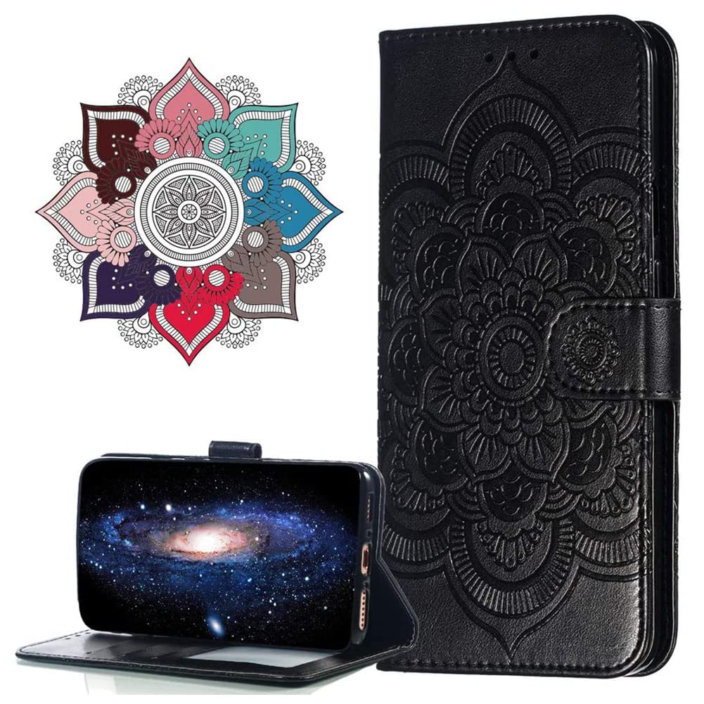 IMIRST Flip Case for iPhone 16 PU Leather Wallet Closure Embossed Shockproof Cover with Kickstand Card Slots Holder for Apple iPhone 16. LD Mandala Black