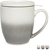 Bosmarlin Ceramic Tea Cup with Infuser and Lid, 16 Oz, 3 Colors to Choose, Microwave and Dishwasher Safe, Steeping Tea Mug with Strainer, Matte Reactive Glaze (16 Oz, Grey White)